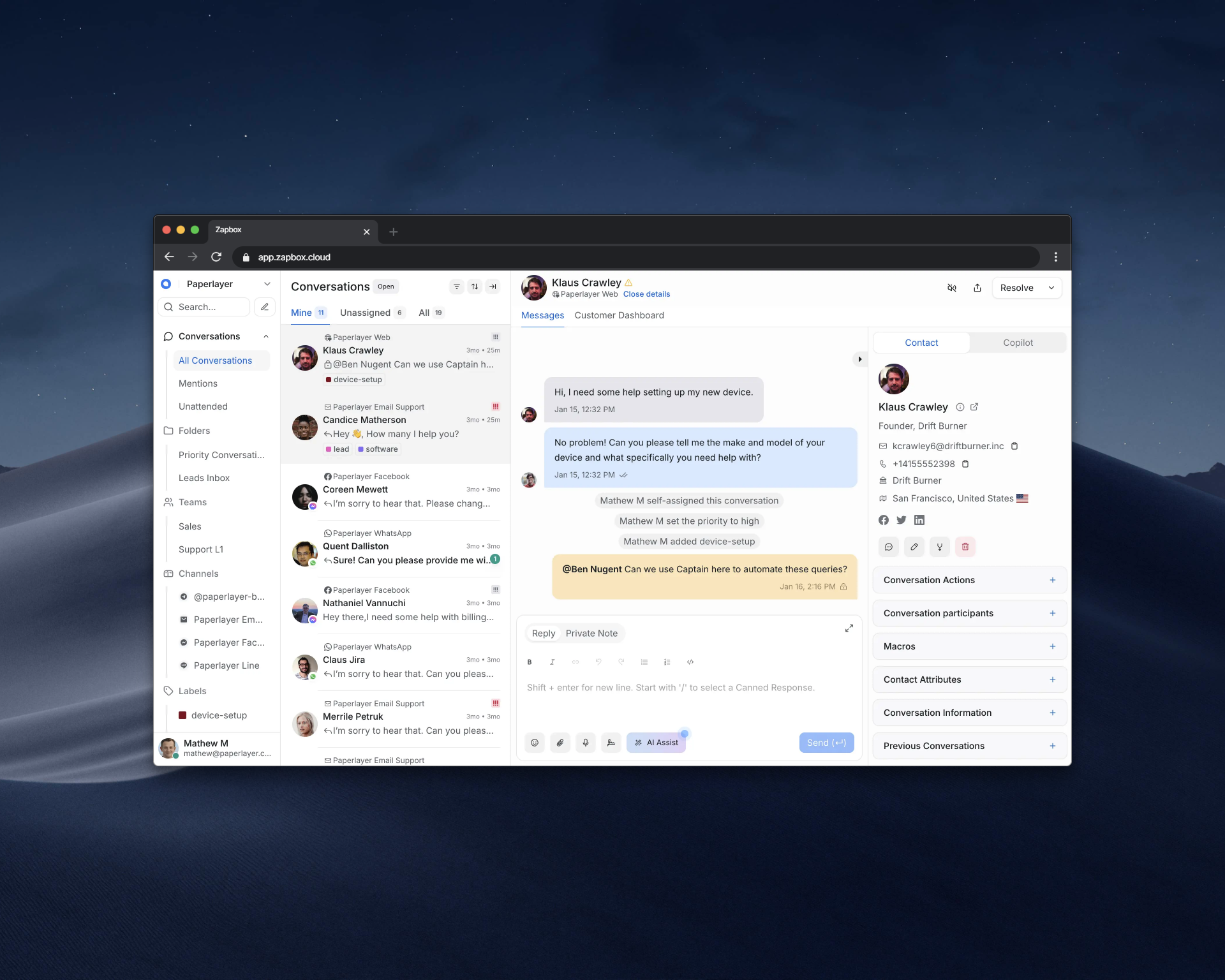 Interface do zapbox mostrando gerenciamento de conversas